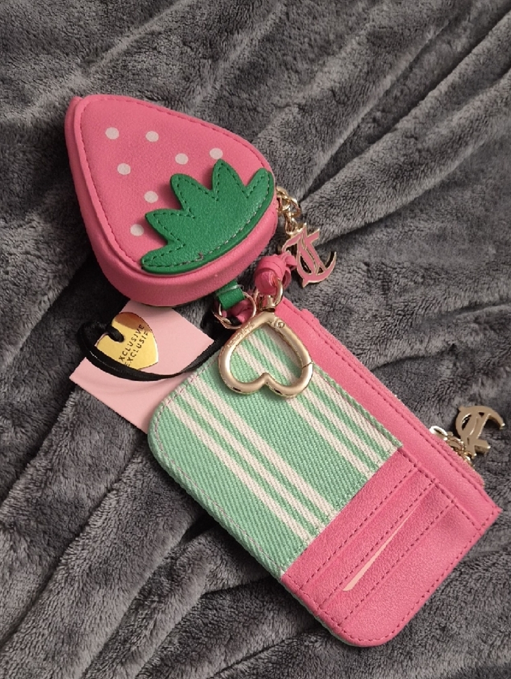 Juicy Couture Pink & Mint Stripe Coin Pouch with Strawberry Charm - Picture 3 of 3
